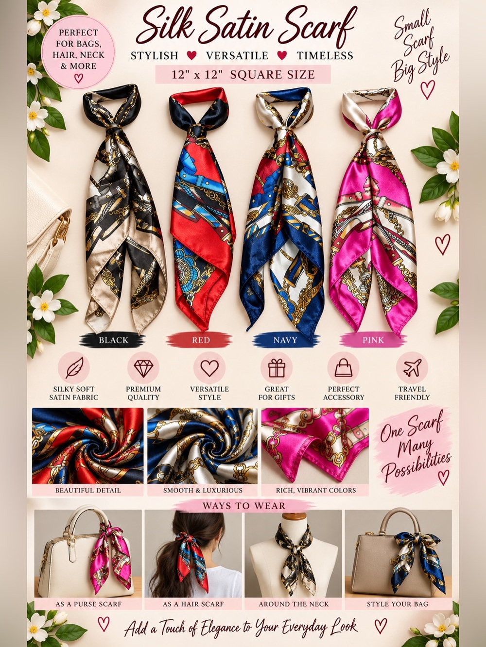 4 pc set Silk Satin Square Scarf — Pink, Navy, Red, Black